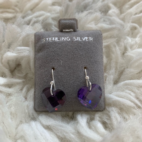 Purple Crystal Heart Sterling Silver Earrings - Picture 4 of 5